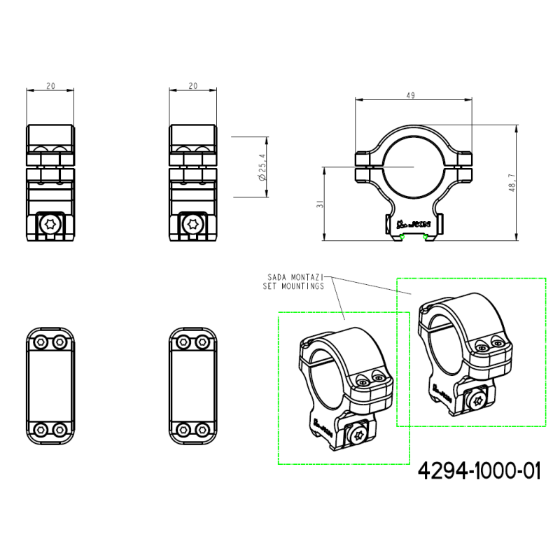 CZ 457 Zielfernrohrmontageringe für Prismenschiene | 1 inch [25.4mm] JK-N